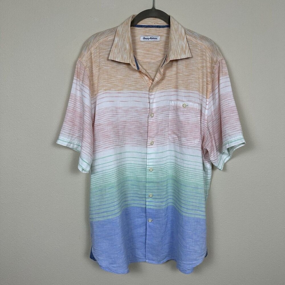 Tommy Bahama LINEN BLEND Mens Size Large Short Sleeve Button Up Shirt Striped